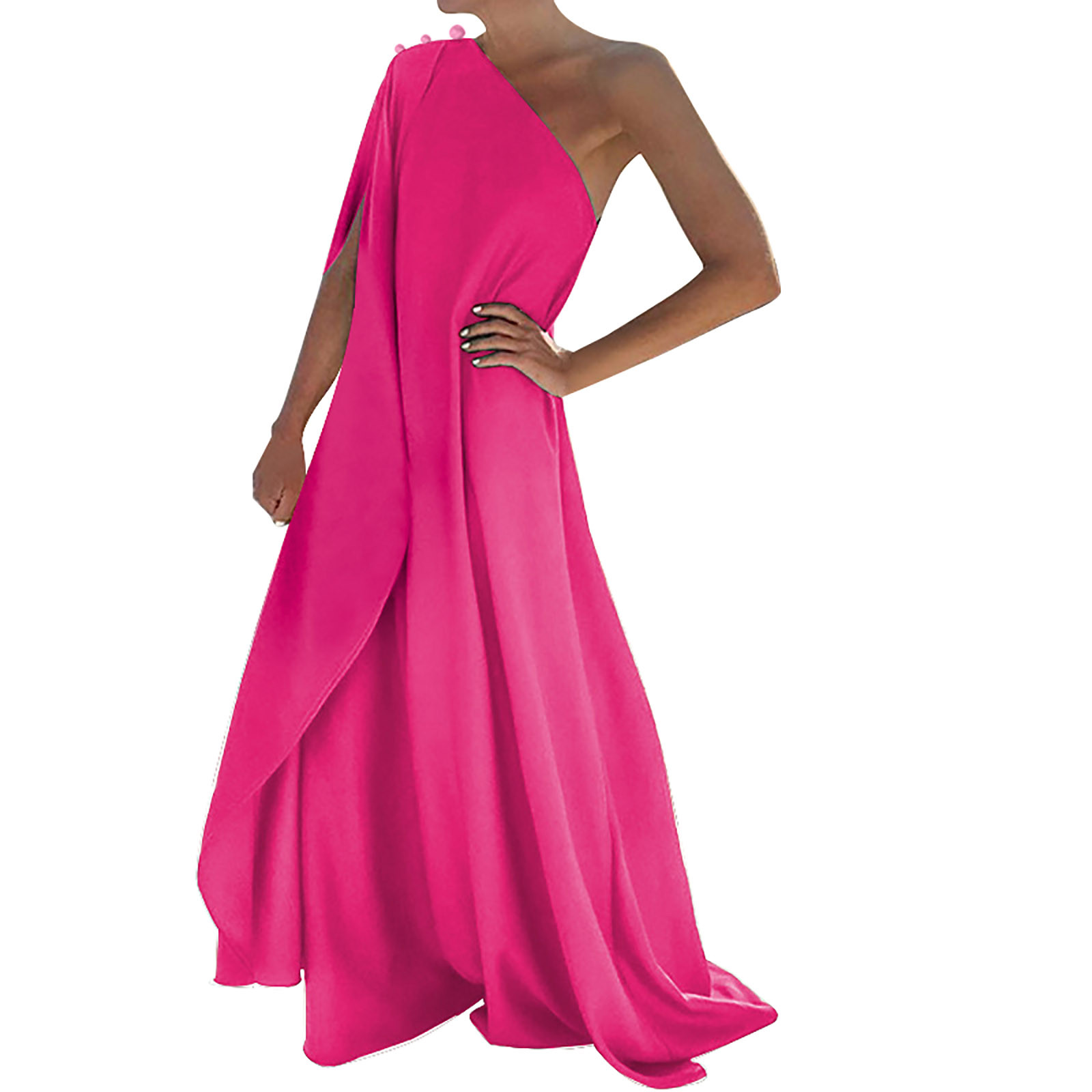 thumbnail image 1 of Vestido largo boho de un solo hombro para mujer - Color liso, fluido - Informal/playa/vacaciones - Mezcla de poliéster y spandex, 1 of 6